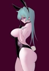 blue_hair bunny_ears bunny_tail bunnysuit eye_wear finger_up glasses hair_ornament highres indie_virtual_youtuber kuromikii_(vtuber) shh side_view simple_background virtual_youtuber ye_(pixiv83975537)