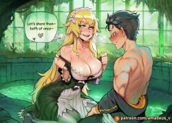 1boy 1girl ai_generated amadeus_v apron black_eyes black_hair blonde_hair blush braided_hair curvy dress facing_another fang frederica_baumann glass_wall green_eyes green_light greenhouse hanging kneeling large_breasts long_hair looking_at_another messy_hair moss natsuki_subaru open_mouth re:zero_kara_hajimeru_isekai_seikatsu sharp_teeth shirtless undressing witch