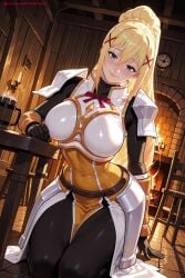 1girl ai_generated armor black_bodysuit blonde_hair blush bodysuit braid breastplate breasts darkness_(konosuba) gloves green_eyes hair_between_eyes hair_ornament hi_res high_quality high_resolution indoors kiraamane kono_subarashii_sekai_ni_shukufuku_wo! large_breasts long_hair looking_at_viewer patreon ponytail seductive sexy shiny sidelocks sitting smile solo uncensored watermark x_hair_ornament