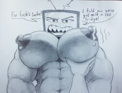 1boy big_breasts big_nipples big_pecs big_tits breastmilk busty hazbin_hotel huge_breasts huge_chest huge_pecs huge_tits lactating lactation leaking_nipple male male_lactation male_only milk pecs_bigger_than_head randoming1922 solo solo_male vox_(hazbin_hotel)