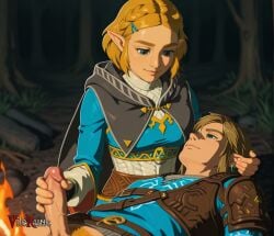 1boy 1girl ai_generated campfire clothed_sex hetero light_smile link looking_down nursing_handjob penis_out princess_zelda solo_focus the_legend_of_zelda:_tears_of_the_kingdom yellow_pubic_hair zelda_(tears_of_the_kingdom)