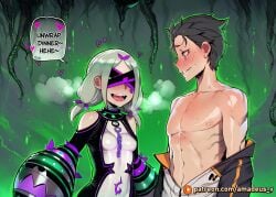1boy 1girl ai_generated amadeus_v bandages black_eyes black_hair blindfold blue_eyes blush daphne_(re:zero) facing_another fruit green_hair long_hair mature_female medium_breasts messy_hair natsuki_subaru open_mouth pale_skin re:zero_kara_hajimeru_isekai_seikatsu shirtless slim smile standing undressing witch
