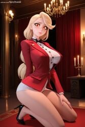 1girl ai_generated blonde_hair bow breasts charlie_morningstar_(hazbin_hotel) hazbin_hotel hi_res high_heels high_quality high_resolution huge_breasts indoors kneeling looking_at_viewer one_knee patreon patreon_username seductive sexy solo spicytoonai uncensored watermark