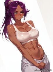 1girl 2026 abs ai_generated anime bangs bare_shoulders bleach bleach:_the_thousand-year_blood_war blush boobs breasts cleavage collarbone crossover dark-skinned_female dark_skin female female_focus flushed highres huge_breasts large_breasts long_hair looking_to_the_side midriff muscular muscular_female navel nsfw pants parted_lips patreon patreon_username ponytail purple_hair rognezart shihouin_yoruichi shiny simple_background solo sports_bra sweat sweaty very_long_hair watermark white_background white_sports_bra yellow_eyes
