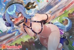 1girl absurdres ahegao ai_generated bdsm bit_gag blue_hair blush bondage confetti crowd drooling dynamic_pose from_below harness highres hololive hololive_japan hoshimachi_suisei large_breasts long_hair naticai nipples nude outdoors ponyplay purple_harness pussy racetrack shiny_skin solo stadium sweat twintails wide_eyes
