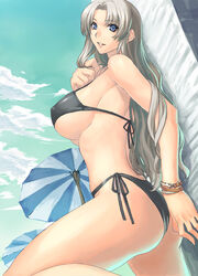 1girls axz bikini blue_eyes bracelet bracelets breasts female jewelry kutani large_breasts long_hair original ran'ou_(tamago_no_kimi) side-tie_bikini solo swimsuit umbrella white_hair