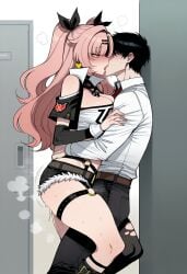 1boy 1girl against_wall ai_generated bare_shoulders belt black_hair black_pants black_ribbon black_shorts black_thighhighs blush breast_press breasts cleavage clothing crop_top cutoffs detached_sleeves earrings faceless female french_kiss frottage green_eyes hair_ornament hair_ribbon hairclip heart_earrings hetero hug jacket jewelry kiss large_breasts legwear long_hair long_sleeves male midriff mole mole_on_thigh mole_under_eye necktie nicole_demara nyanclaire pants pink_hair pussy_juice ribbon shirt short_hair shorts single_thighhigh standing strapless sweat thick_thighs thigh_strap thighhighs thighs tongue tongue_out torn_clothes torn_thighhighs tube_top two_side_up white_shirt zenless_zone_zero
