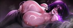 1girls 2026 2d big_breasts esmile glasses goddess_of_victory:_nikke hyper_breasts label_(nikke) nipple_slip purple_eyes purple_hair tagme