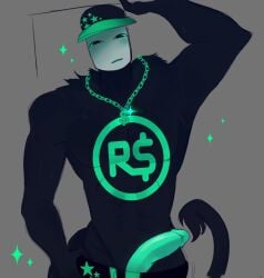 black_body black_fur bling_pursuer_(die_of_death) cap dick_out_of_pants die_of_death_(roblox) digital_media_(artwork) erection exposed flashing flexing grabbing green_dick green_eyes grey_background hat high_resolution highres humanoid humanoid_penis lighting male male_focus male_only necklace penis pursuer_(die_of_death) roblox sparkle sparkles tagme tail tail_tuft turquoise_eyes upper_body venopython