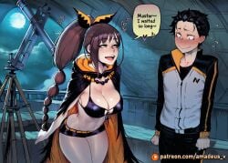 1boy 1girl ai_generated amadeus_v black_eyes black_hair blush cowboy_shot dark_skin eye_contact facing_another facing_each_other flustered large_breasts looking_at_another messy_hair moonlight natsuki_subaru night_sky open_mouth re:zero_kara_hajimeru_isekai_seikatsu scorpion_tail shaula_(re:zero) smile standing telescope thick_thighs very_long_hair watchtower witch yellow_eyes