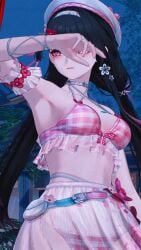 1girls abilfloridaarts armpits beach black_hair chisa_(wuthering_waves) female long_hair medium_breasts official_alternate_costume pink_swimsuit red_eyes see-through_clothing see-through_swimsuit swimsuit wuthering_waves