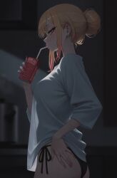 artist_signature ass blonde_hair drinking dyed_hair eyelashes female female_focus female_only hair_bun hand_on_ass high_resolution highres hoenoart kitagawa_marin kitchen lipstick long_eyelashes long_hair long_nails long_sleeves looking_at_viewer makeup marin_kitagawa my_dress_up_darling nail_polish night no_bra panties pink_eyes pink_lipstick sexy sexy_body sexy_female sexy_pose tied_hair white_shirt
