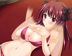 amane_(dream_c_club) bb bikini blush breasts censored dream_c_club female large_breasts lying nipples paizuri penis red_eyes red_hair swimsuit uminchu