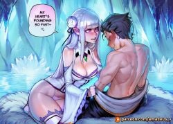 1boy 1girl ai_generated amadeus_v bed black_eyes black_hair blush cool_lighting crystal emilia_(re:zero) facing_another flower_hairpin frost ice_crystal kneeling long_hair looking_at_another medium_breasts messy_hair natsuki_subaru nervous_smile on_bed open_mouth pointed_ears purple_eyes re:zero_kara_hajimeru_isekai_seikatsu shirtless silver_hair sliding undressing wide_hips witch