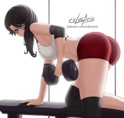 2021 bent_over black_hair cinder_fall crop_top cslucaris glasses indoors looking_at_viewer on_knees rwby viz_media weights workout_clothes