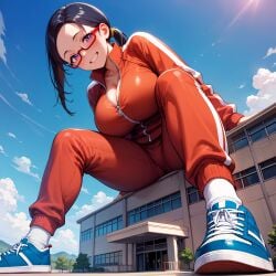 ai_generated demi-chan_wa_kataritai giantess gym_uniform satou_sakie school sitting sitting_on_building track_jacket