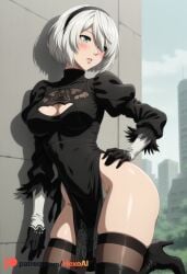 1girl 2b_(nier:automata) ai_generated artist_name black_blindfold black_dress black_footwear black_gloves black_hairband black_thighhighs blindfold blue_eyes blush boots breasts cleavage cleavage_cutout clothing_cutout covered_navel dress feather-trimmed_sleeves feather_trim gloves hair_over_one_eye hairband hand_on_own_hip hexogen high_heel_boots high_heels highleg highleg_leotard juliet_sleeves leotard lips long_sleeves medium_breasts mole mole_under_mouth nier nier:_automata nier_(series) no_blindfold parted_lips patreon_logo patreon_username pelvic_curtain puffy_sleeves short_hair side_slit solo thigh_boots thighhighs thighhighs_under_boots thighs turtleneck white_hair yorha_2b