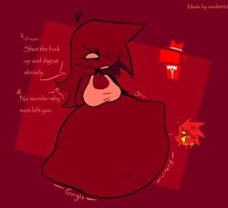 angry_expression artist_request digesting_prey digestion digestion_noises fatal_vore female_pred huge_belly prey vore
