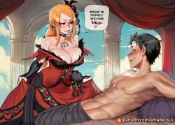 1boy 1girl ai_generated amadeus_v black_eyes black_hair blue_sky blush curvy disrobing facing_another falling gold_jewelry gown large_breasts long_hair looking_at_another lying messy_hair natsuki_subaru open_mouth orange_hair priscilla_barielle re:zero_kara_hajimeru_isekai_seikatsu red_drapes red_eyes shirtless smile standing sunlight terrace witch