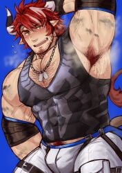 arknights armpit armpit_hair balls bara body_hair bulge bull_horns facial_hair flaccid hand_behind_head horns humus_(arknights) liuoie2 male male_only muscles muscular musk penis pointy_ears solo solo_male sweat sweating