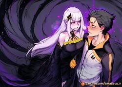 1boy 1girl ai_generated amadeus_v black_dress black_eyes black_hair blush breathless cowboy_shot drifting eye_contact facing_another facing_each_other floating glowing looking_at_another medium_breasts messy_hair natsuki_subaru open_mouth pale_skin purple_eyes purple_light re:zero_kara_hajimeru_isekai_seikatsu satella_(re:zero) shadow silver_hair smile standing very_long_hair wide_hips witch