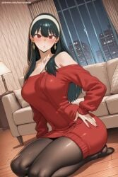 1girl ai_generated bangs bare_shoulders black_hair black_legwear blush breasts dress earrings hairband hand_on_hip hi_res high_quality high_resolution indoors jewelry large_breasts long_hair long_sleeves looking_at_viewer no_shoes pantyhose patreon red_eyes savvyraexo seductive seiza sexy sitting solo spy_x_family uncensored watermark wooden_floor yor_briar