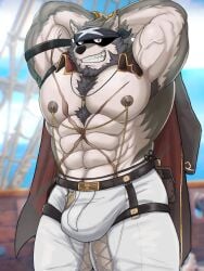 another_eidos_of_dragon_vein_r anthro armpit armpit_hair armpits balls bara barazoku bulge flaccid fullhouse_(another_eidos) furry hands_behind_head liuoie2 male male_only muscles muscular penis solo solo_male wolf