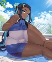 1girl 1girls absurdres ass bare_shoulders black_hair blue_eyes blue_eyeshadow blue_hair blue_sky cloud dark-skinned_female dark_skin day earrings eyeshadow fence gloves hair_bun hand_on_own_ass highres hoop_earrings jewelry long_hair looking_at_viewer looking_back makeup multicolored_hair nessa_(pokemon) nintendo outdoors parted_lips pokemon pokemon_ss pokemon_sword_and_shield poolside shorts single_glove single_hair_bun sky solo string_rafart thighs two-tone_hair