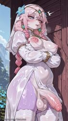 1futa 1girl ai_generated blue_eyes blue_flower blush braid breasts citlali_(genshin_impact) covered_navel crossed_arms decurse dress earrings flower furry futa_only futanari genshin_impact hair_flower hair_ornament jewelry large_breasts long_hair long_sleeves nipples outdoors penis pink_eyes pink_hair precum puffy_sleeves see-through shiny solo testicles thighhighs uncensored wet wet_clothes white_dress white_thighhighs