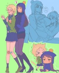 2girls bandages big_breasts black_hair blonde_hair blush braided_hair breast_grab breast_sucking breasts_out chibi chullo craig_tucker female female_only genderswap_(mtf) groping groping_breasts long_hair rule_63 south_park tweek_tweak twin_braids yuri