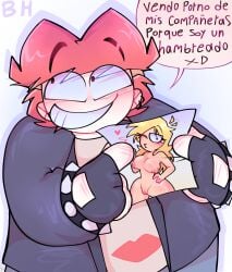 blonde_female blonde_hair blowing_kiss boobs chubby_male clothed_male clothed_male_nude_female curvy_female female hand_on_hip looking_at_viewer male naked_female nipples oc ocs original original_character photo_(object) pussy pussy_lips red_hair smile smiling_at_viewer spanish spanish_dialogue spanish_text stalker teenager text