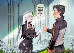 1boy 1girl ai_generated amadeus_v bench black_eyes black_hair calm determined door echidna_(re:zero) ethereal_light eye_contact facing_another facing_each_other garden looking_at_another messy_hair mole_under_eye natsuki_subaru open_mouth pale_skin re:zero_kara_hajimeru_isekai_seikatsu smile standing very_long_hair white_dress white_flower white_hair witch