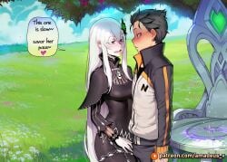 1boy 1girl ai_generated amadeus_v bench black_eyes black_hair echidna_(re:zero) ethereal_light eye_contact facing_another facing_each_other garden glowing looking_at_another messy_hair mole_under_eye natsuki_subaru open_mouth pale_skin re:zero_kara_hajimeru_isekai_seikatsu ready smile standing very_long_hair white_dress white_flower white_hair witch