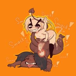 2d 2d_(artwork) 2d_artwork alternate_version_at_source alternate_version_available ass_bigger_than_torso ass_smack back_rolls big_ass big_boobs big_eyebrows blushing ceo_(sysnicat) chocolate_and_vanilla cum_in_pussy dark-skinned_female demon_girl disproportionate_genitalia excessive_cum eyeshadow femboy_on_female femboydom flat_chest frog giant_ass gray_hair hand_mark hilga_(sysnicat) larger_female light-skinned_male mounting outline overflowing_cum pointy_teeth saliva scratches shiny_hair short_hair smacking_ass squished_breasts sysnicat tail thick_thighs tongue_out white_hair wide_hips xray_view yellow_background yellow_sclera