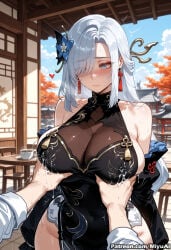 1girl ai_assisted ai_generated bangs bare_shoulders black_dress blue_eyes blush breast_grab breasts china_dress cleavage closed_mouth curvaceous curvy curvy_female curvy_figure dress earrings female genshin_impact grabbing hair_ornament hair_over_one_eye heart indoors jewelry large_breasts long_hair looking_at_viewer miyuai shenhe_(genshin_impact) silver_hair solo_focus swept_bangs thick thick_ass thick_butt thick_hips thick_legs thick_thighs voluptuous voluptuous_female wide_hips wide_thighs