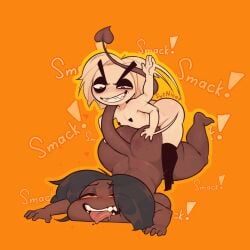 2d 2d_(artwork) 2d_artwork alternate_version_at_source alternate_version_available ass_bigger_than_torso ass_smack back_rolls before_cum big_ass big_boobs big_eyebrows blushing ceo_(sysnicat) chocolate_and_vanilla dark-skinned_female demon_girl eyeshadow femboy_on_female femboydom flat_chest frog giant_ass gray_hair hand_mark hilga_(sysnicat) larger_female light-skinned_male mounting outline pasties pointy_teeth saliva scratches shiny_hair short_hair smacking_ass squished_breasts sysnicat tail thick_thighs tongue_out white_hair wide_hips yellow_background yellow_sclera