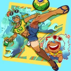 bracelet brazilian brazilian_female brazilian_flag brazilian_miku collar drink earrings feet female female_focus female_only hatsune_miku long_hair nail_polish shorts soccer_ball solo solo_focus sunglasses sunglasses_on_head tan_skin tanline tanned_female tanned_skin thick_thighs turquoise_eyes turquoise_hair very_long_hair