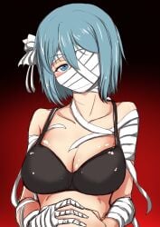 1girl absurdres alternate_breast_size_(larger) bandage_on_face bandaged_arm bandaged_hand bandages black_bra blue_eyes blue_hair bow bra breasts cleavage collarbone hair_bow highres large_breasts looking_at_viewer mahou_shoujo_madoka_magica medium_hair midriff miki_sayaka underwear white_bow