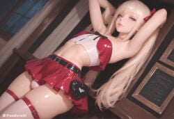 1boy 1femboy absurd_res ai_generated armpits arms_behind_head arms_up artist_name artist_upload belt blonde_hair blue_eyes bulge crossdressing femboy femboy_focus feminine_male gay hair_bow heart hi_res indoors lips long_hair looking_at_viewer male_focus midriff more_at_source navel otoko_no_ko pandora panties patreon patreon_username red_skirt self_upload shiny_skin skirt solo thighhighs transgender twintails uncensored underwear watermark white_panties white_thighhighs