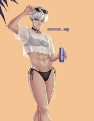 1boy abs bikini blue_eyes bulge crossdressing femboy grand_theft_auto grand_theft_auto_vi gta_vi_cover_girl koutzel_art light-skinned_male light_skin looking_at_viewer male male_only nier nier:_automata short_hair sunglasses trap white_hair yorha_9s