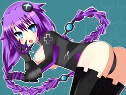 blue_eyes blush bodysuit braid breasts compile_heart female gust hair_ornament idea_factory kuronekozukin long_hair lying neptune_(neptunia) neptunia_(series) nipples purple_hair purple_heart_(neptunia) sega solo thighhighs twin_braids