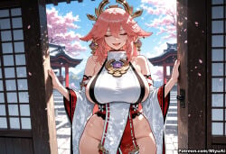 1girl ai_assisted ai_generated animal_ears bangs bare_shoulders blue_sky breasts cherry_blossoms closed_eyes curvaceous curvy curvy_female curvy_figure detached_sleeves dress earrings eyebrows_visible_through_hair female fox_ears genshin_impact groin hair_between_eyes hip_focus huge_breasts japanese_clothes jewelry long_hair miyuai no_panties open_mouth pelvic_curtain petals pink_hair revealing_clothes sash sideboob smile solo thick thick_ass thick_butt thick_hips thick_legs thick_thighs thighs tree voluptuous voluptuous_female wide_hips wide_sleeves wide_thighs yae_miko