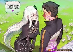 1boy 1girl ai_generated amadeus_v bench black_eyes black_hair echidna_(re:zero) ethereal_light eye_contact facing_another facing_each_other garden glowing looking_at_another messy_hair mole_under_eye natsuki_subaru open_mouth pale_skin re:zero_kara_hajimeru_isekai_seikatsu resolute smile standing very_long_hair white_dress white_flower white_hair witch
