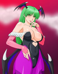 breasts bridal_gauntlets cameltoe cleavage clothing darkstalkers demon_girl green_eyes green_hair head_wings highres leotard licking long_hair looking_at_viewer makani_kohitujito morrigan_aensland pantyhose print_pantyhose small_breasts succubus tongue wings