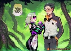 1boy 1girl ai_generated amadeus_v bandages black_eyes black_hair blindfold blue_eyes blush close_proximity cowboy_shot daphne_(re:zero) facing_another facing_each_other fruit green_hair hungry long_hair looking_at_another mature_female medium_breasts messy_hair natsuki_subaru open_mouth pale_skin re:zero_kara_hajimeru_isekai_seikatsu slim standing witch