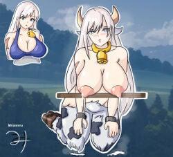 big_breasts cow_ears cow_girl cow_horns cow_print cowbell cowbell_collar heart-shaped_pupils lactating lactation lactation_without_stimulation large_breasts miraimiru wide_hips