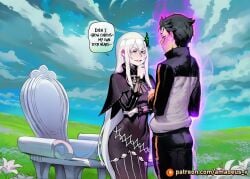 1boy 1girl ai_generated amadeus_v aura bench black_eyes black_hair calm echidna_(re:zero) ethereal_light eye_contact facing_another facing_each_other garden glowing looking_at_another messy_hair mole_under_eye natsuki_subaru open_mouth pale_skin re:zero_kara_hajimeru_isekai_seikatsu smile standing steady very_long_hair white_dress white_flower white_hair witch