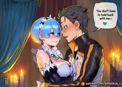 1boy 1girl ai_generated amadeus_v bedroom black_eyes black_hair blue_eyes blue_hair blush candlelight canopy_bed dress embrace eye_contact facing_each_other from_side hair_over_one_eye hands_on_another's_chest looking_at_another loving_gaze medium_breasts messy_hair natsuki_subaru open_mouth re:zero_kara_hajimeru_isekai_seikatsu rem_(re:zero) short_hair warm_lighting white_apron wide_hips witch