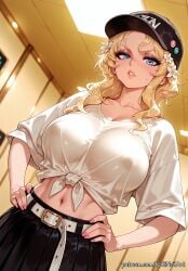 1girl 2026 ai_generated anime aphrodite aphrodite_(shuumatsu_no_valkyrie) baseball_cap belt black_headwear black_skirt blonde_hair blue_eyes boobs breasts cleavage collarbone covered_nipples crossover eye_contact female female_focus flower greek_mythology hair_accessory hair_flower hair_ornament hands_on_hips hat highres huge_breasts indoors inside large_breasts lips long_hair looking_at_viewer midriff navel nsfw parted_lips patreon pink_nails pleated_skirt record_of_ragnarok rognezart shirt shuumatsu_no_valkyrie skirt solo tied_shirt very_long_hair white_belt white_shirt