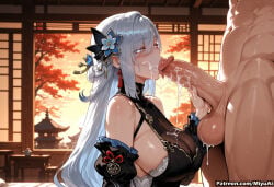 1boy 1girl ai_assisted ai_generated bangs bare_shoulders black_dress blush breasts clothed_female_nude_male cum cum_in_mouth cum_on_body cum_on_breasts cum_on_upper_body curvaceous curvy curvy_female curvy_figure detached_sleeves dress earrings erection facial fellatio female flower genshin_impact gloves hair_between_eyes hair_flower hair_ornament heart-shaped_pupils hetero indoors jewelry large_breasts licking long_hair miyuai nude open_mouth oral penis shenhe_(genshin_impact) sideboob silver_hair sunset sweat symbol-shaped_pupils testicles thick thick_ass thick_butt thick_hips thick_legs thick_thighs voluptuous voluptuous_female wide_hips wide_thighs window yellow_eyes
